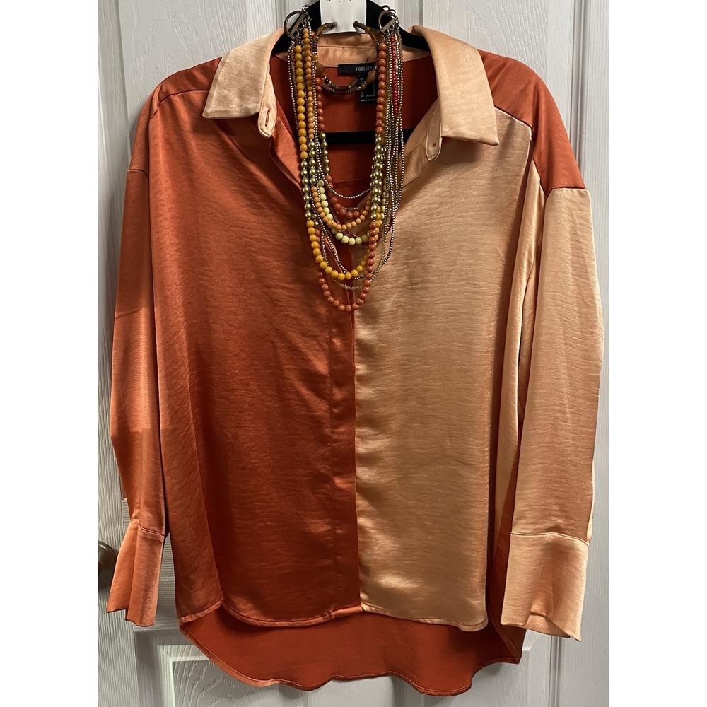 FOREVER 21 Women Satin Feel Orange Button Long Sleeve Dress Blouse JEWELRY S M L